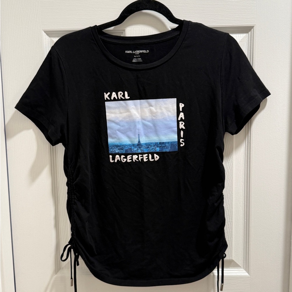 Karl Lagerfeld Black and Blue Graphic Eiffel Tower Tee Tassle/Ties